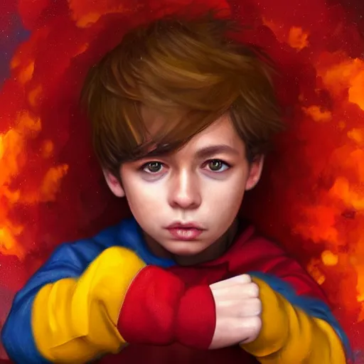 Image similar to colorful and festive captivating young child boy, brown fluffy hair, wearing red and yellow clothes, shooting a yellow energy sphere out of his fist. full body, rich vivid colors, ambient lighting, dynamic lighting, 4 k, atmospheric lighting, painted, intricate, highly detailed by charlie bowater