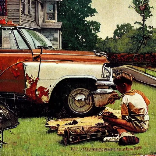 Prompt: A Norman Rockwell paining of a thrashy front yard that has an old broken down car in it, detailed