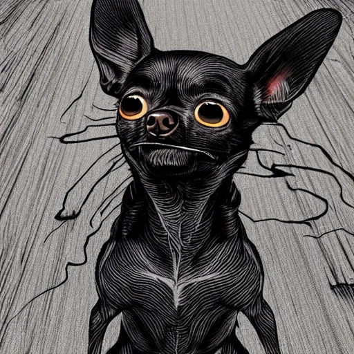 Image similar to a dark brown chihuahua, hyper detailed, in the style of junji ito and berserk, selfie shot straight on angle