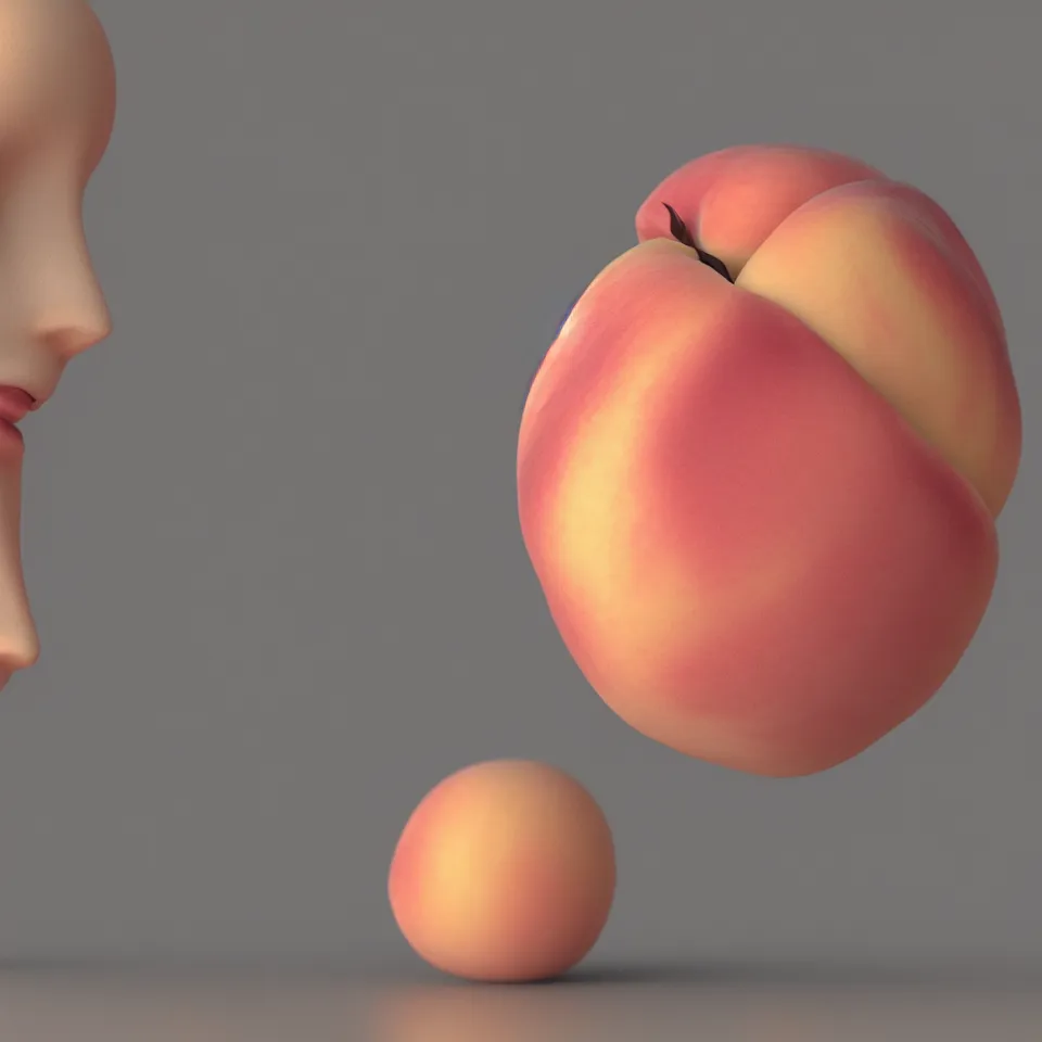 Prompt: An elegant, juicy peach with a female human-like body, as if it was made of pale human skin. Soft details. Close-up, fairy fruit. Octane Render, Trending on artstation. Bokeh.