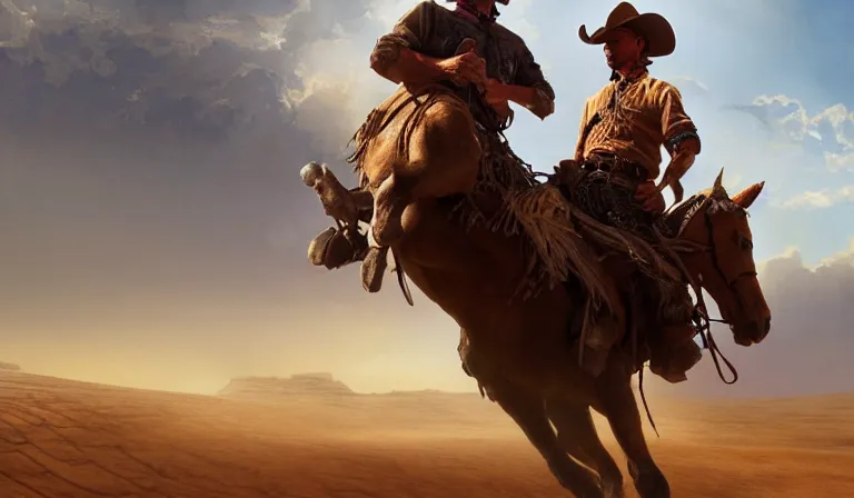 Prompt: cowboy ridding through the desert on a horse, sharp focus, intricate, elegant, digital painting, artstation, matte, highly detailed, concept art, illustration, volumetric lighting, bokeh light, art by greg olsen and liz lemon swindle