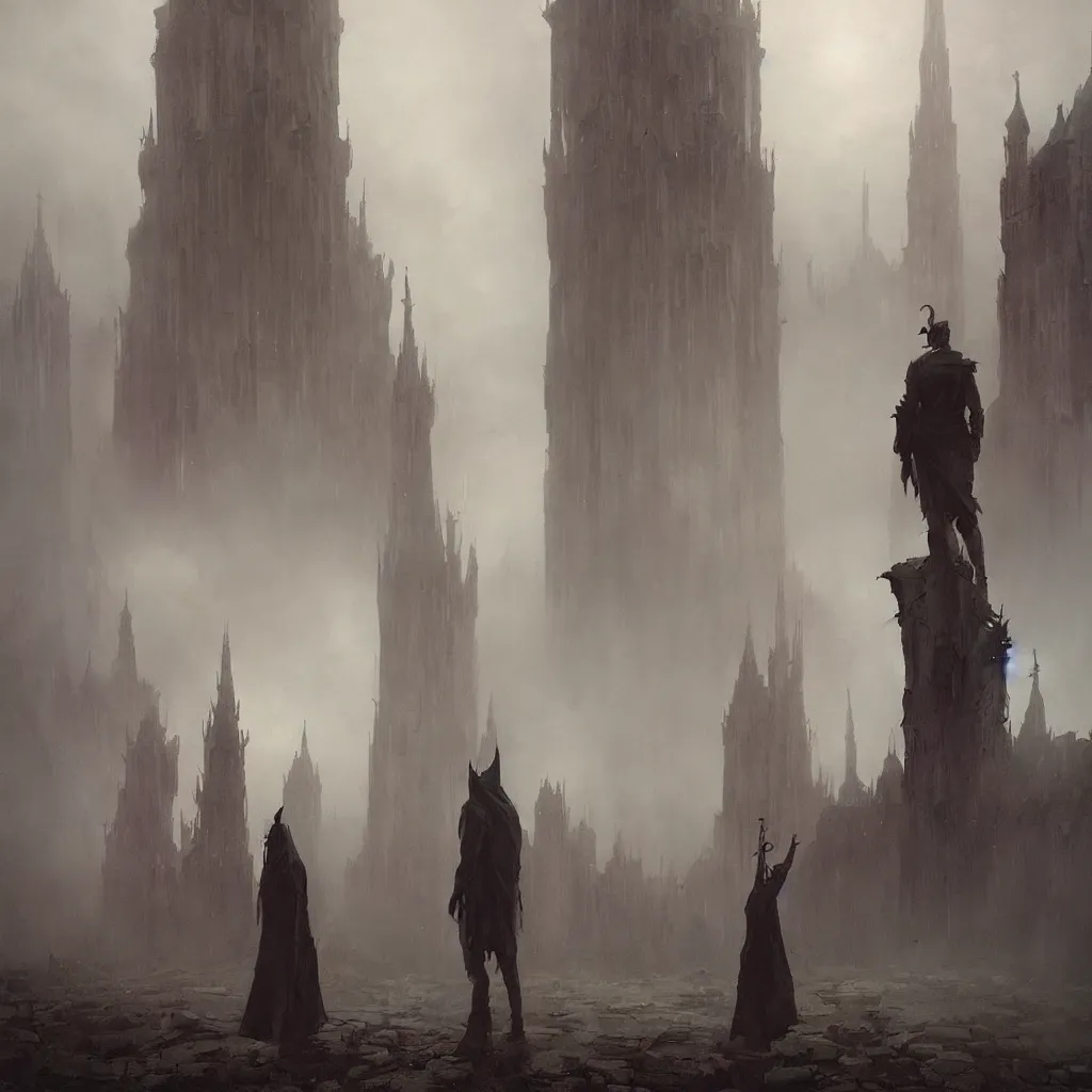 Image similar to devil, scary, magical area, foggy area, by greg rutkowski, sharp focus, man standing, tower