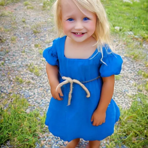 Image similar to a little peasant girl, blue dress, blond hair, bare feet, smiling