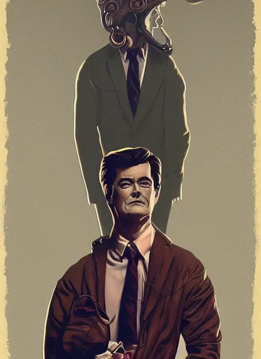 Image similar to Twin Peaks movie poster artwork by Michael Whelan and Tomer Hanuka, Rendering of Kyle MacLachlan resists the body horror, from a scene from Twin Peaks, clean, full of detail, Matte painting, trending on artstation and unreal engine