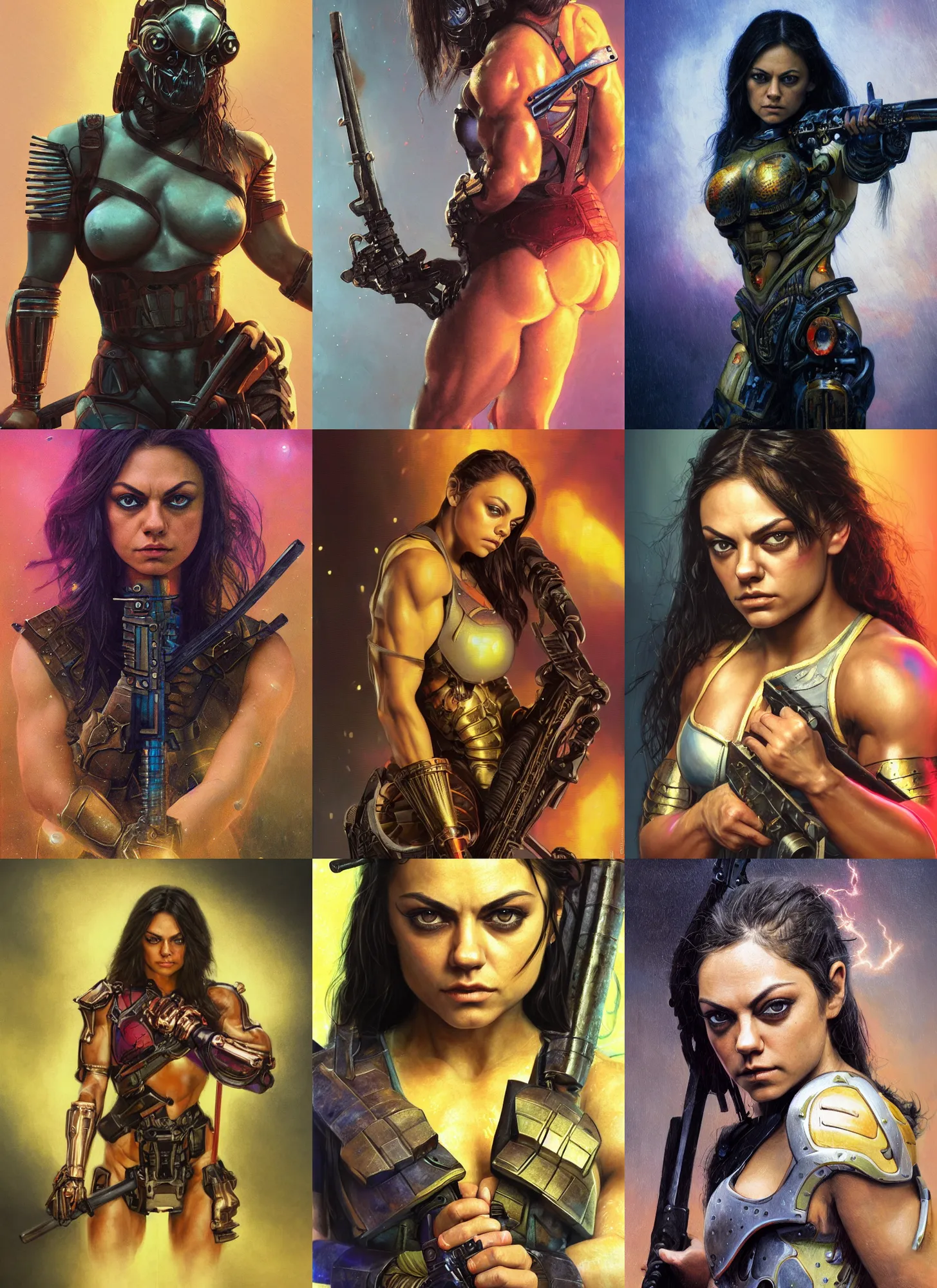 Image similar to bodybuilder mila kunis closeup portrait of a beautiful biblical diabolical samurai girl holding a rifle, cyborg neon armor, foggy fireflies, cinematic studio light, golden hour, gerald brom, mikhail vrubel, peter elson, muted pastel colors, extreme detail, light rain, trending on artstation, 8 k