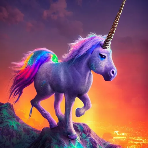 Prompt: a iridescent unicorn on a cliff overlooking a dystopian city covered in colorful toxic smog, ultra realistic, concept art, intricate details, highly detailed, photorealistic, octane render, 8 k, fantasy art, masterpiece