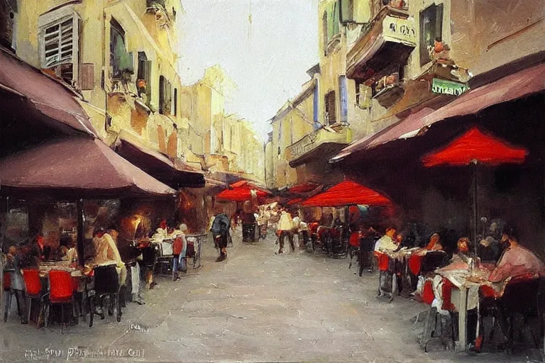 Prompt: “ italian street restaurant on the boulevard, simon pasini ”