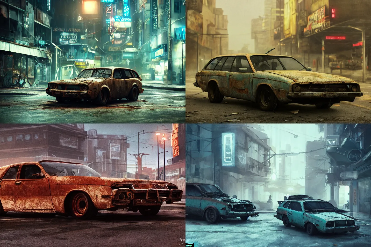 Prompt: a rusted Ford Pinto wagon in the streets at night white cyan headlights on, by Khyzyl Saleem, night time, Cloudy weather, atmospheric, artstation, concept art, illustration, sharp focus, high detail, octane render, cyberpunk, intimidating