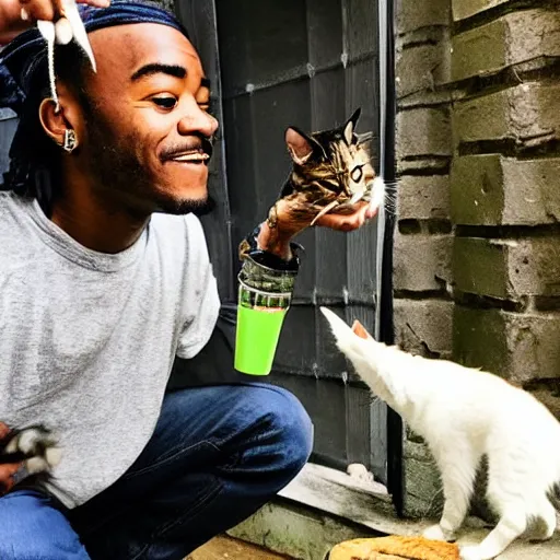 Image similar to lil uzi vert feeding a cat