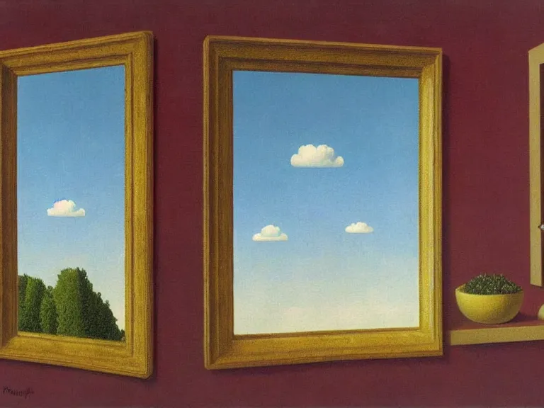 Image similar to mirrors, painting by rene magritte, high detail, high resolution