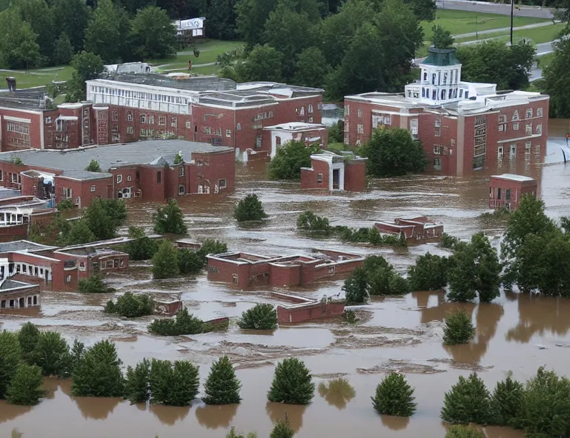 Image similar to the campus of dalhousie university in ruins, and flooded