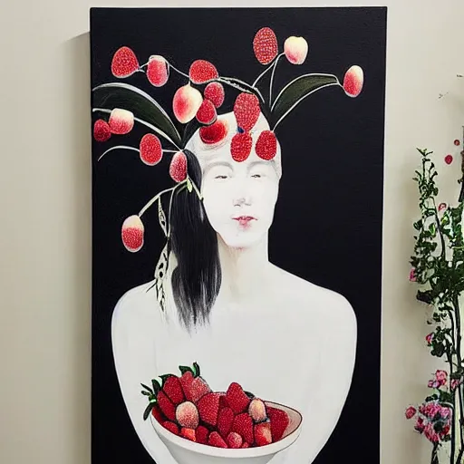 Image similar to “art in an Australian artist’s apartment, portrait of a woman wearing white cotton cloth, eating luscious fresh raspberries and strawberries and blueberries, white wax, edible flowers, Japanese pottery, ikebana, black walls, acrylic and spray paint and oilstick on canvas”