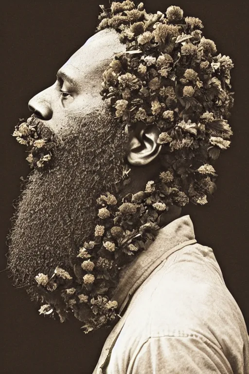 Image similar to an African American man's face in profile, long beard, made of flowers and fruit, in the style of the Dutch masters and Gregory crewdson, dark and moody