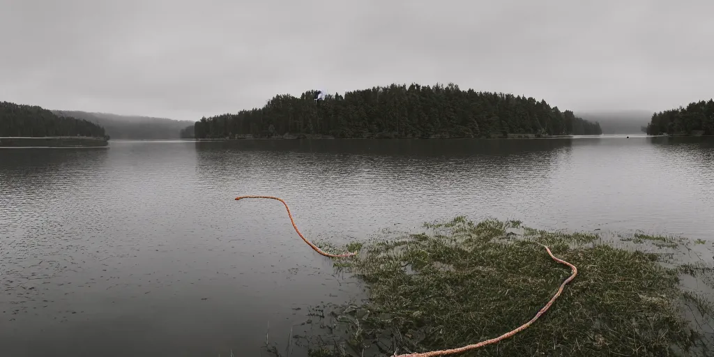 Prompt: an infinitely long colored rope zig - zagging across the surface of the water into the distance, floating submerged rope stretching out towards the center of the lake, a dark lake on an overcast day, atmospheric, color film, trees in the background, hyper - detailed photo, anamorphic lens