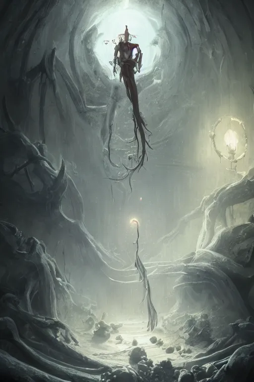 Image similar to a necromancer with a staff casts a spell that reveals the secret of life the universe and everything, dirty linen robes, staff of bones, grizzled bearded withered man by jessica rossier and hr giger