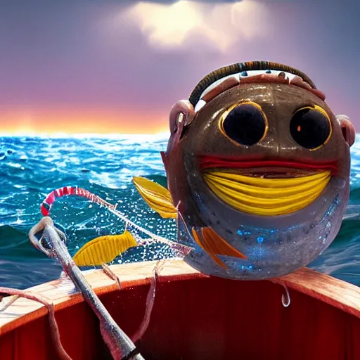 Prompt: gizmo goes deep sea fishing in a sportfisherman boat. gizmo is fishing for swedish fish candy by using gummi worm candy as bait. photorealistic digital art, epic fantasy, dramatic lighting, cinematic, extremely high detail, cinematic lighting, trending, artstation, cgsociety, 3 d ue 5, 4 k, hq