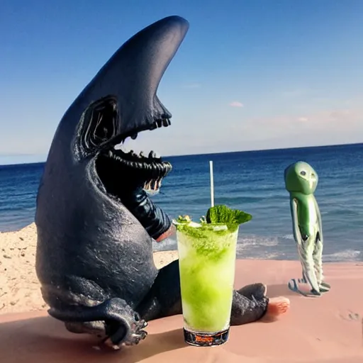 Prompt: alien drinking a mohito at the beach