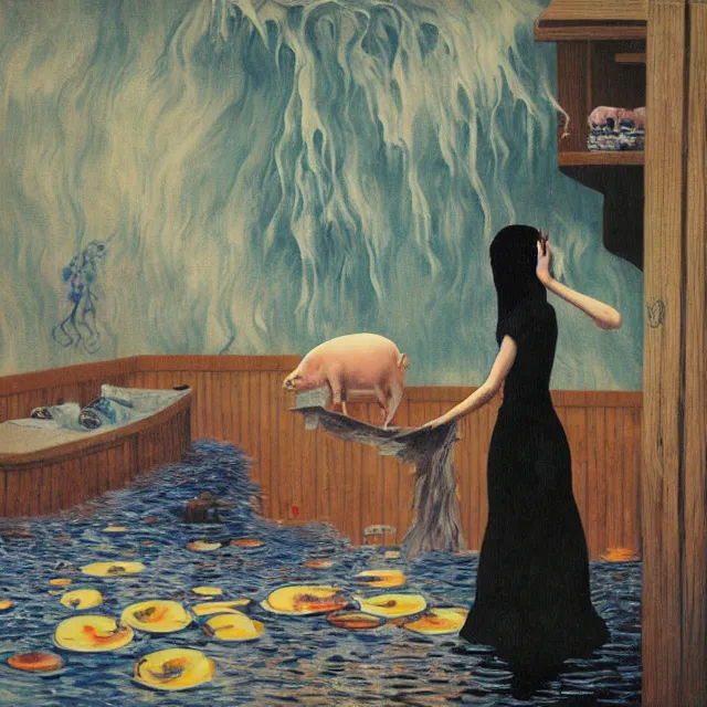 Prompt: tall female emo artist holding a pig in her flooded apartment, mushrooms, octopus, water gushing from ceiling, painting of flood waters inside an artist's apartment, a river flooding indoors, pomegranates, pigs, ikebana, zen, river, rapids, waterfall, black swans, canoe, berries, acrylic on canvas, surrealist, by magritte and monet