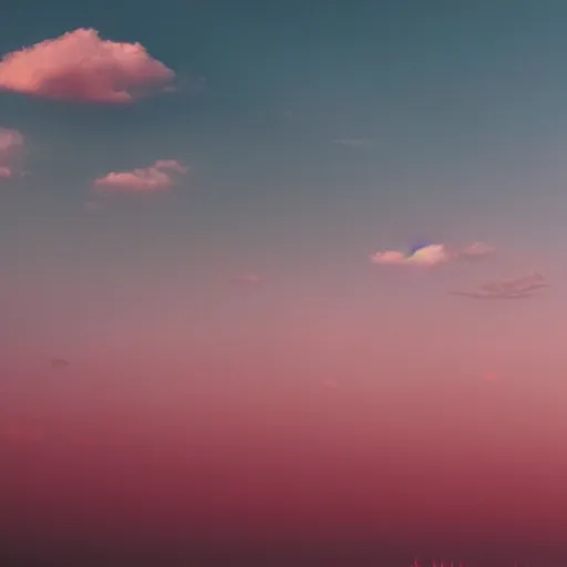 Image similar to dreamland surreal infinite rose colored sky with feathery blush colored clouds over a body of calm flat reflective pink water looking out to the horizon with no trees or land in sight