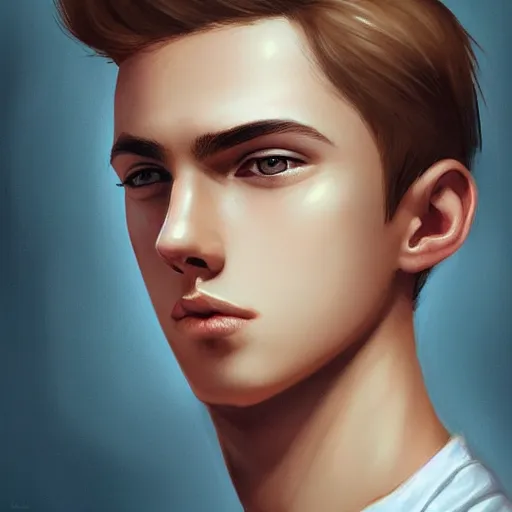 Prompt: teenage boy with brown blond short quiff hair and thin slightly round facial structure with cleft chin and bumpy nose with good definition of cheekbones and Alert brown eyes, narrow face, slim body, atmospheric lighting, painted, intricate, 4k, highly detailed by Charlie Bowater