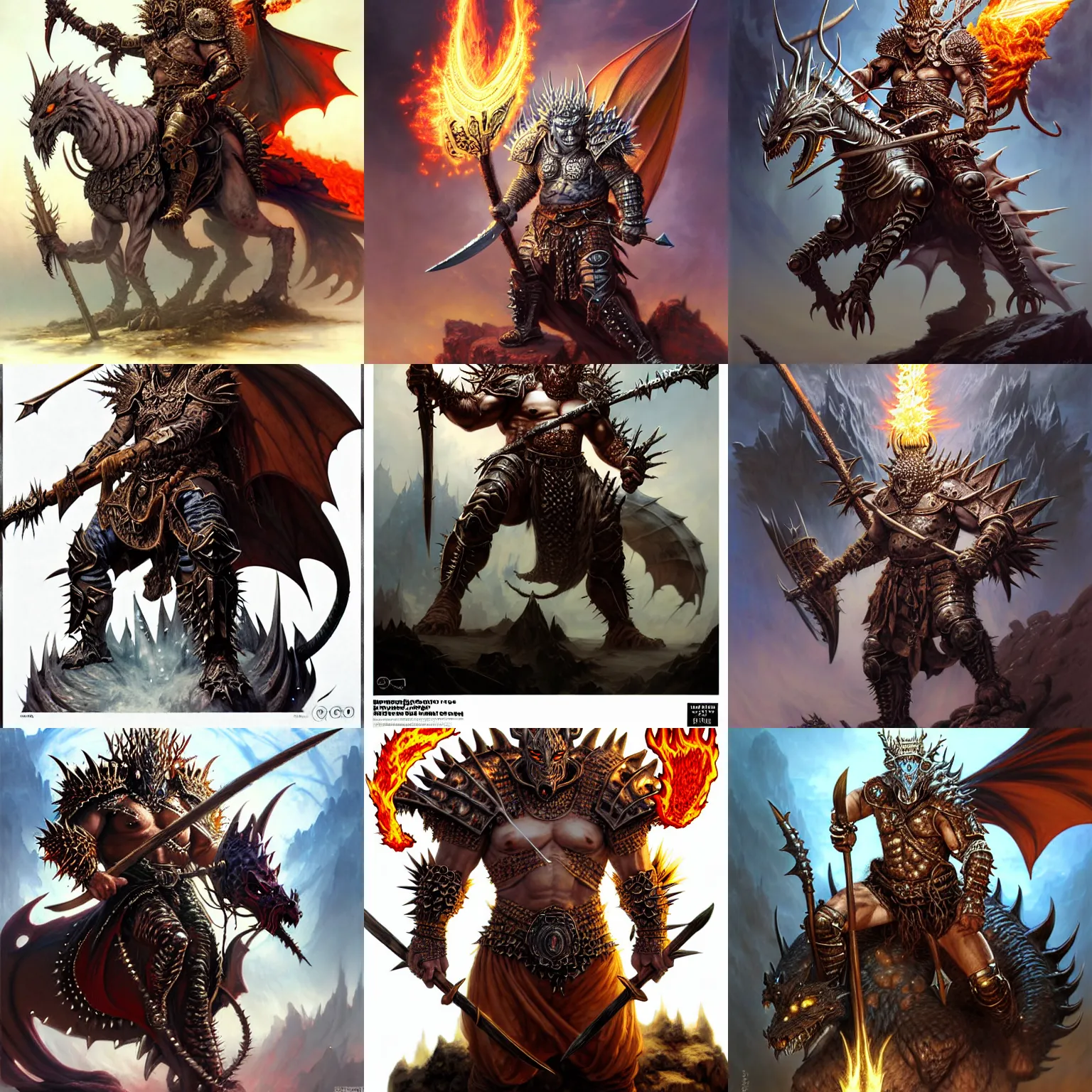 Prompt: fantasy character portrait. orc king in spiky armor with aura on fire. wearing a dragon mask. sitting on tiger cavalry. holding an axe. ultra realistic. wide angle. intricate details. long shot. highly detailed by peter mohrbacher, hajime sorayama, wayne barlowe, boris vallejo, aaron horkey, gaston bussiere, craig mullins