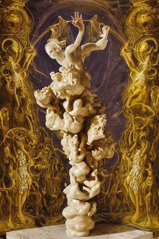 Prompt: marble sculpture depicting a woman programming the samsara holy cluster, dramatic light, concept art, stunning, visionary, mystical, hyper realistic, beautiful, wow, gilt metal, rich marbles, by gian lorenzo bernini, by brecht evens, by jean delville, in the style of francis bacon