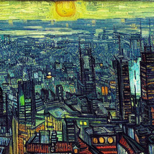 Prompt: a cyberpunk painting of a cityscape by Van Gogh