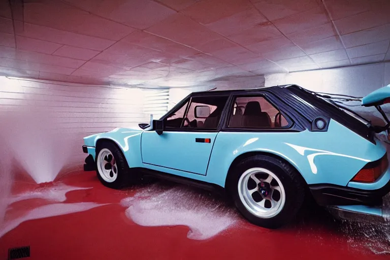 Image similar to A single 1985 Bronco Vector W8 Twin Turbo 911 BMW M1 inside of a car wash, ektachrome photograph, volumetric lighting, f8 aperture, cinematic Eastman 5384 film