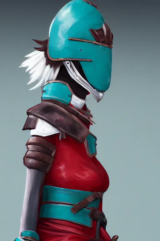 Image similar to female adventurer in tight full - body teal leather armor of japanese design with red accents and a white porcelain crow mask, trending in artstation, japanese, establishing shot