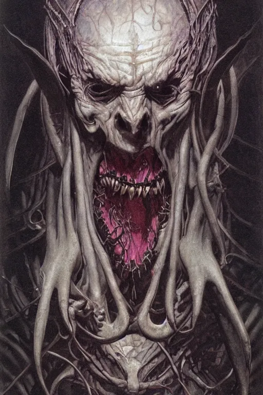 Image similar to portrait of vecna, drizzt, strahd von zarovich, sanguinius, asmodeus, orcus combined, painted by wayne barlowe