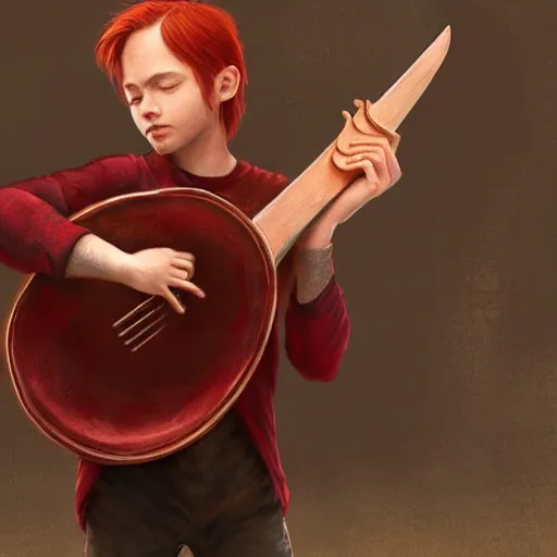 Image similar to red hair boy playing a lute in an inm, dramatic, intricate, elegant, highly detailed, digital painting, artstation, concept art, smooth, sharp focus, illustration, octane render, art by Leesha Hannigan, Ross Tran, Thierry Doizon, Kai Carpenter, Ignacio Fernández Ríos