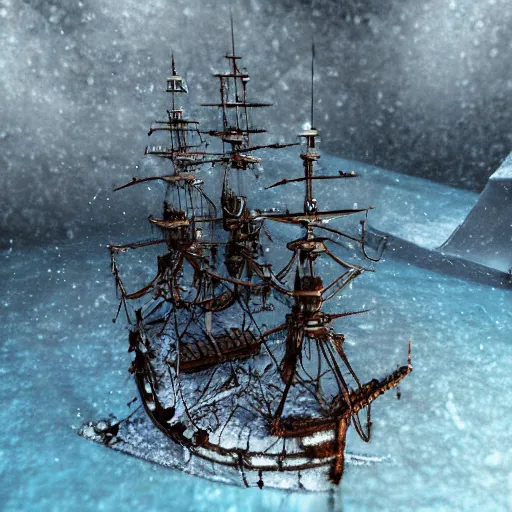 Image similar to pirate ship encased in ice in an icy bay, tilt shift, frostpunk, artwork by hiornaka