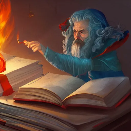 Image similar to A wizard casting a spell with fire and ice, surrounded by books, digital painting, detail oriented, highly detailed, beautiful, artstation, concept art, highly coherent, studio lighting, dynamic scene, By Barret Frymire