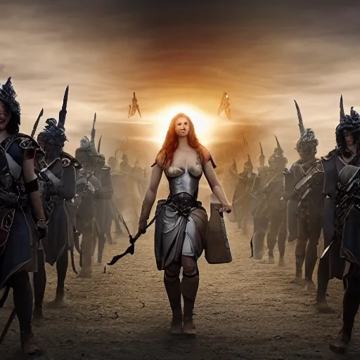 Image similar to the goddesses fraya going to war with her army, golden hour, 8 k uhd, high detail, awe - inspiring.