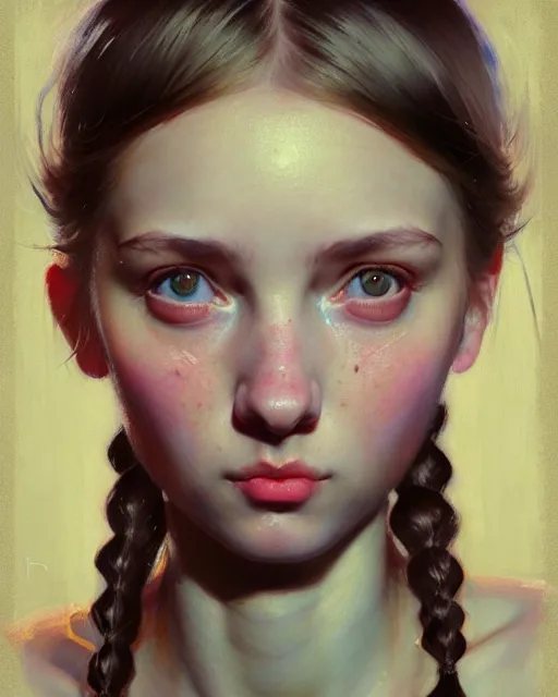 Image similar to young woman with pigtails, beautiful girl, close up portrait, bright, highkey, realistic, serov, surikov, vasnetsov, repin, kramskoi, paint texture, uplight, insanely detailed, charlie bowater, tom bagshaw, octane rendered, unreal engine, illustration, trending on artstation, masterpiece