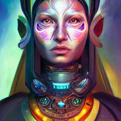 Image similar to portrait of a future metaverse cyborg tech shaman warrior by Mandy Jurgens, cartoon, oil painting , visionary art, symmetric, Magick symbols, holy halo, shipi bo patterns, sci-fi