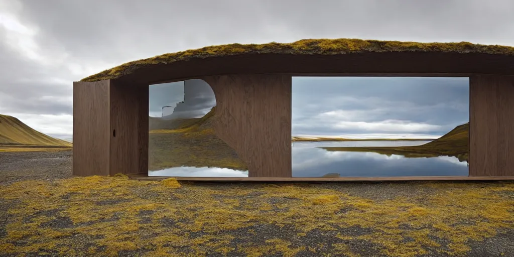 Image similar to futuristic architect house made from deconstucted ash wood and mirrors, floating, portal, iceland landscape photography, by lurie belegurschi and gunnar freyr