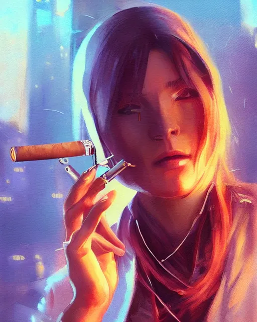 Image similar to portrait of a brunette cyberpunk hippie smoking a tobacco pipe | highly detailed | very intricate | symmetrical | professional model | cinematic lighting | award - winning | painted by mandy jurgens | pan futurism, dystopian, bold colors, cyberpunk, anime aesthestic | featured on artstation