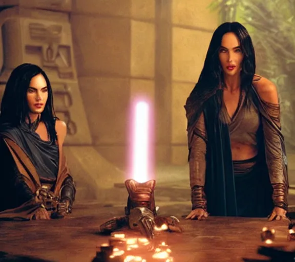 Image similar to Still of Megan Fox on the Jedi Council, Star Wars Unirverse, Cinematic Lighting, beautiful composition, 8K resolution