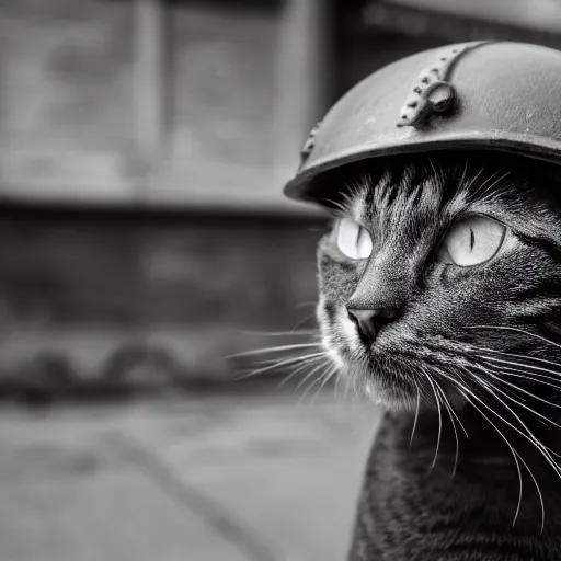 Prompt: a black and white photo of a cat with a World War 2 helmet, high detailed, atmosphere, 4k