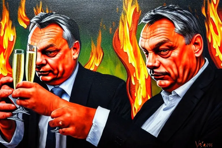 Image similar to viktor orban drinking champagne in front a burning city, highly detailed eyes, oil painting