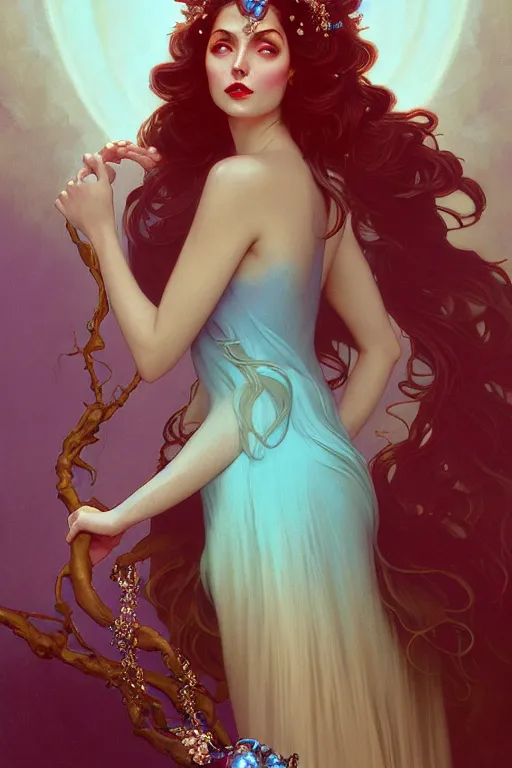 Image similar to ombre velvet gown, beautiful elegant dryad, feathers, beautiful face by leyendecker, long hair, cyan, dozens of jeweled necklaces, by greg rutkowski, brom, anato finnstark, alphonse mucha, oil painting, highly detailed, cinematic lighting, unreal,