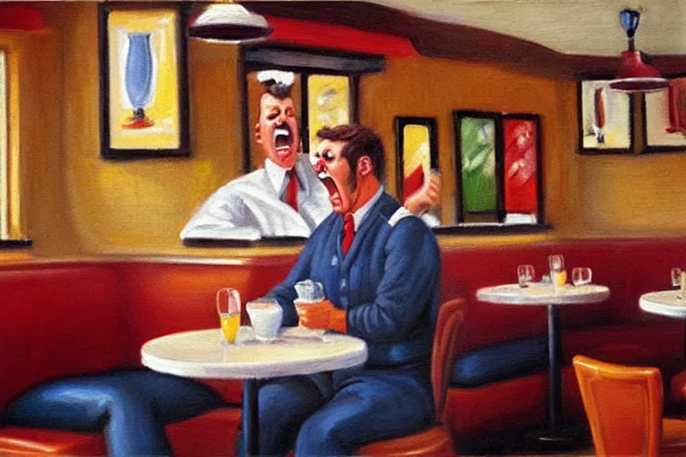 Image similar to a grumpy busser in a restaurant yells at the owner, art by dean macadam