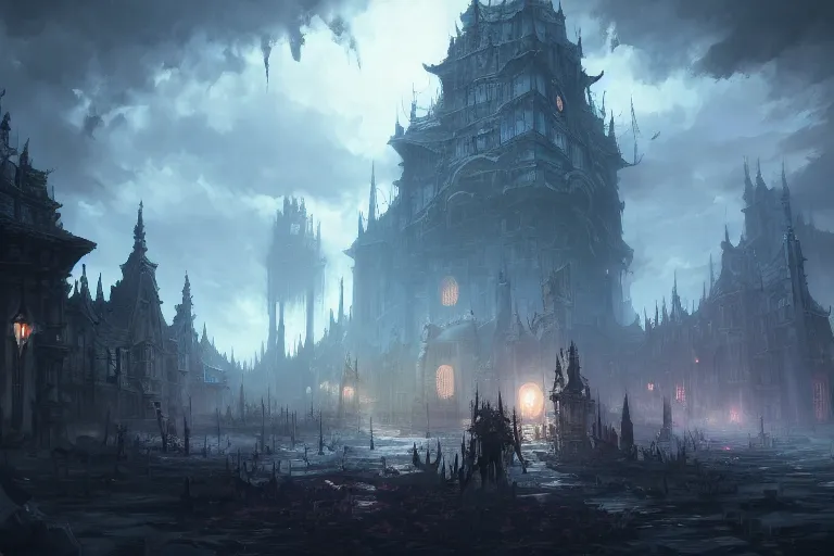 Prompt: collaborative environment concept art by Tyler Edlin, Andy Park, Feng Zhu, James Paick, Ryan Church, in the style of Bloodborne