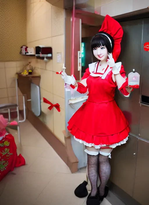 Image similar to a japanese idol dressed in red maid costume in a maid cafe, cute pose, 8 k, photography,