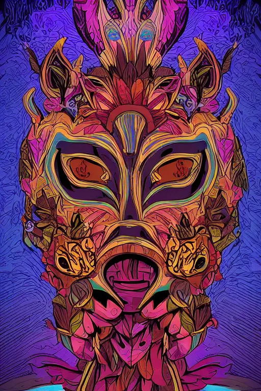 Image similar to animal mask totem roots flower tribal feather gemstone plant wood rock shaman vodoo video game vector cutout illustration vivid multicolor borderlands comics by josan gonzales and dan mumford radiating a glowing aura