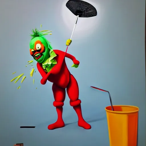 Image similar to hyperrealism painting from the housefly perspective getting swatted at from an angry clown man with a fly swatter in the kitchen