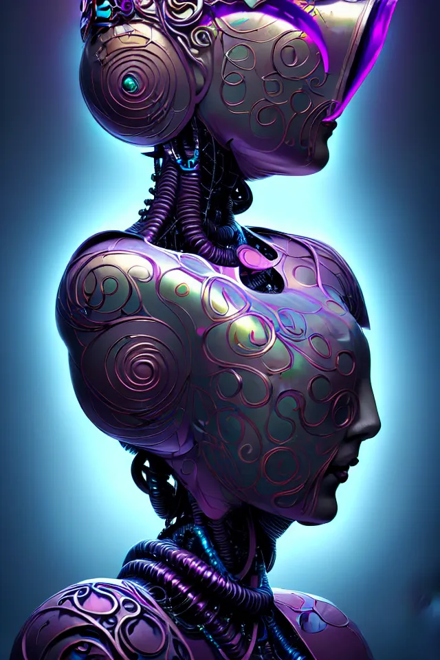 Image similar to robot empress, metal art nouveau swirls, subsurface scattering, in the style of james jean and tomasz alen kopera, mystical colors, rim light, beautiful lighting, 8 k, stunning scene, raytracing, octane render, trending on artstation