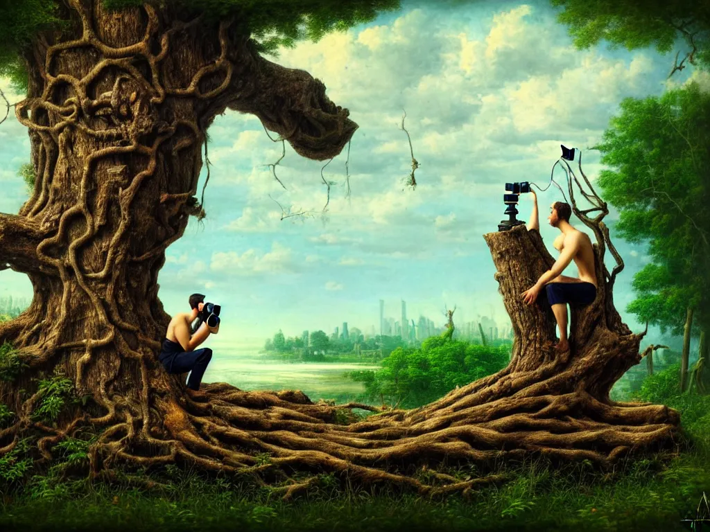 Image similar to highly detailed photo of a man sitting on a tree trunk looking to the left with binoculars, trending on deviantart, neo surrealism, sharp focus, a lot of little details, octane, masterpiece, art by max ernst