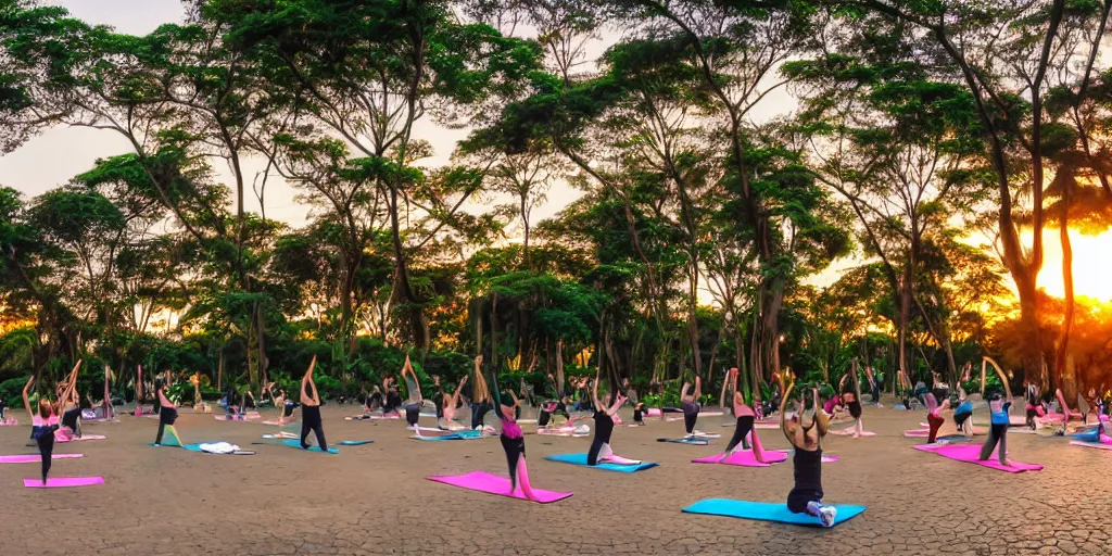 Prompt: ibirapuera park, in sao paulo, with people doing yoga, running and cycling on a beautiful afternoon with sunset, wide - angle lens, digital art, anime style